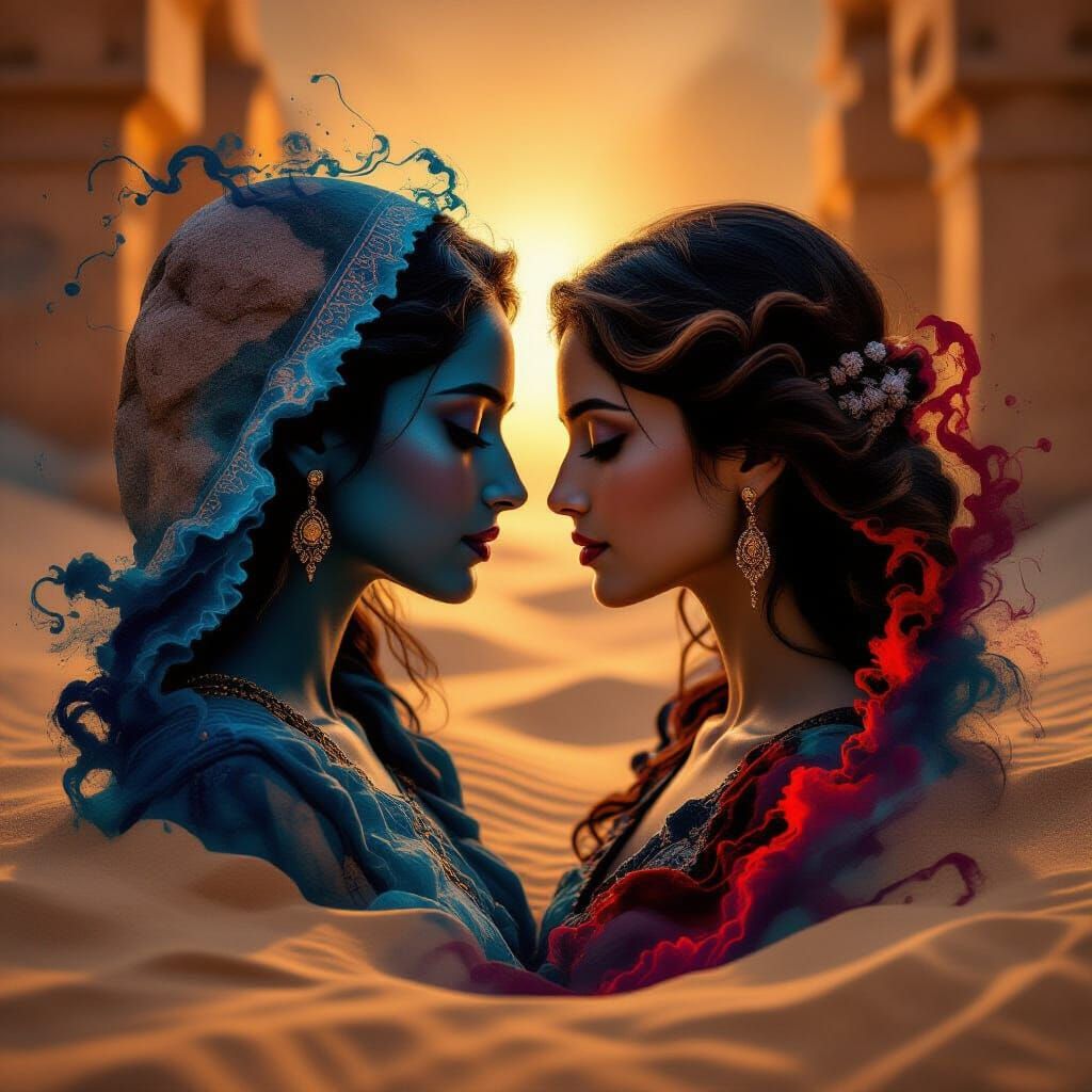 Double Exposure: Woman and Ancient Stone Tomb