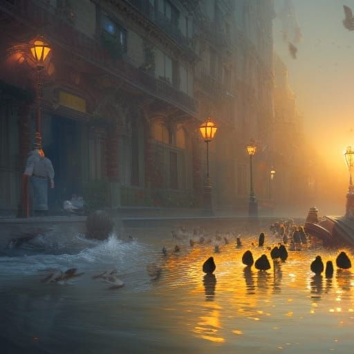 Man Helping Ducklings: Dynamic Lighting Concept Art