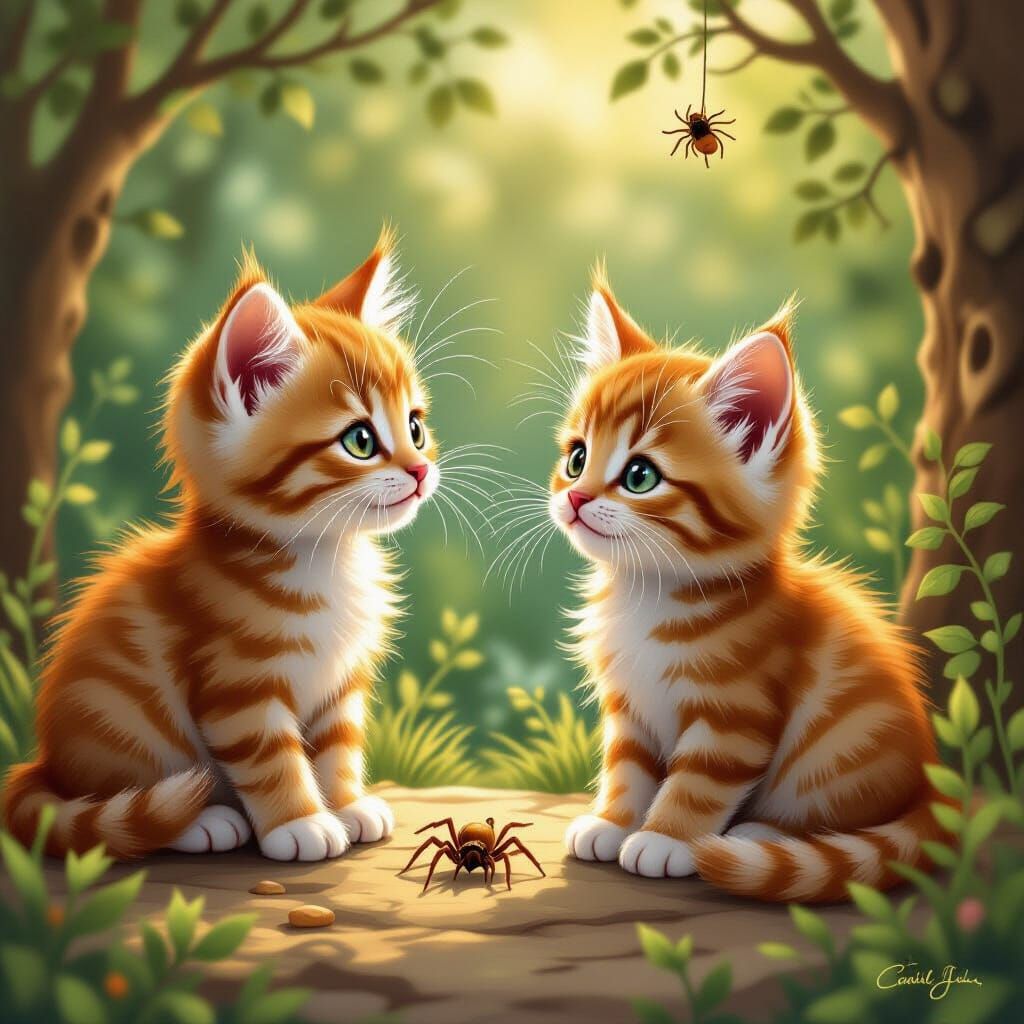 Ginger Kittens Discovering a Spider, Whimsical Illustration