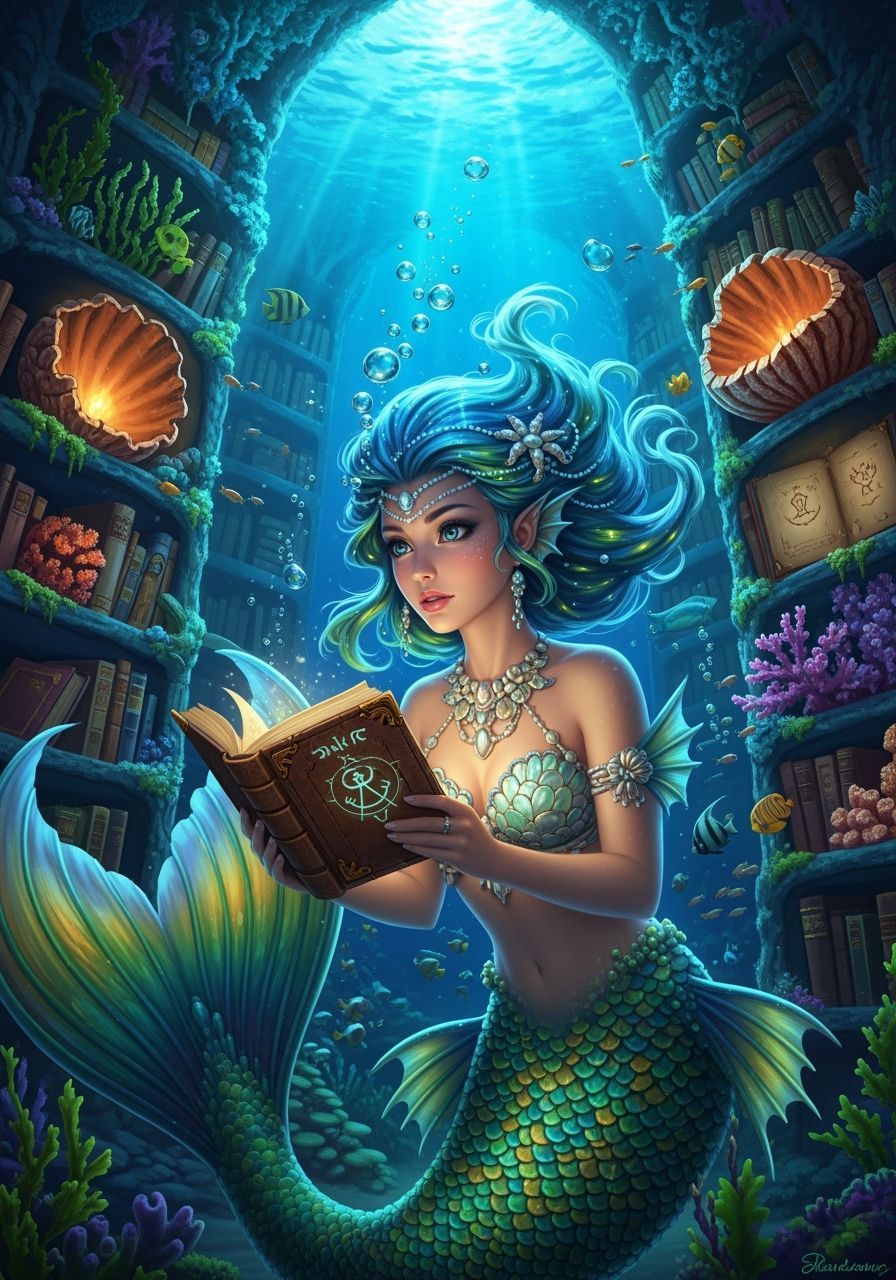 Mermaid in Underwater Library with Bioluminescent Hair