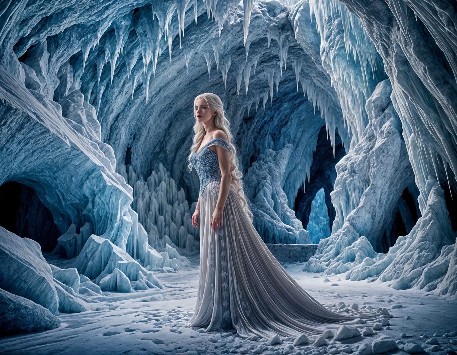Snow Maiden Admiring Ice Cave in Detailed Matte Painting