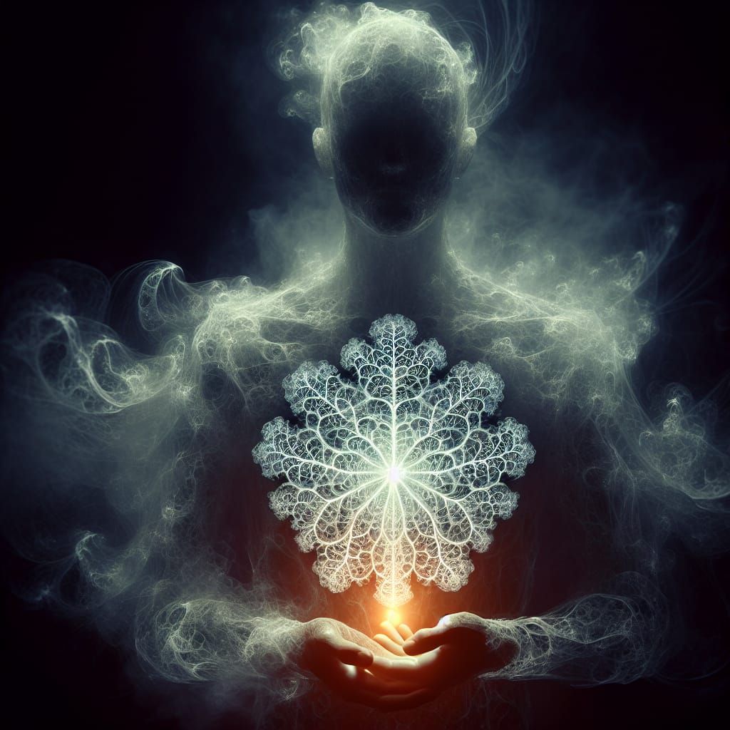 Luminous Spectral Figure Holding Glowing Lithophyte Fossil