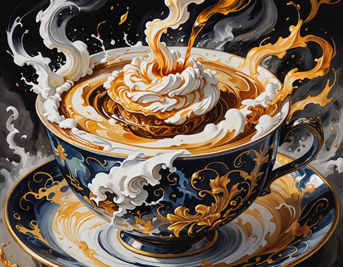Stormy Teacup: A Surreal Gouache Painting