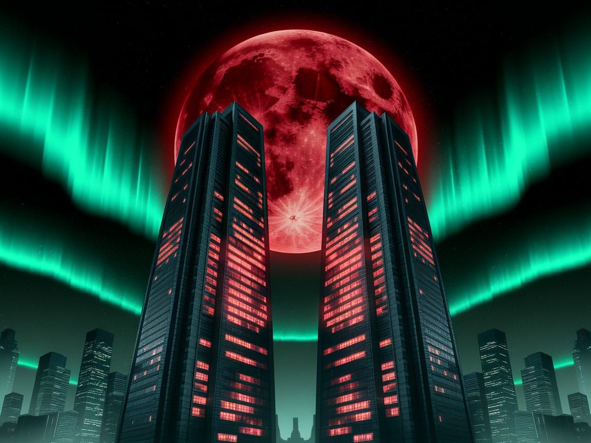 Cyberpunk Cityscape with Red Moon and Aurora