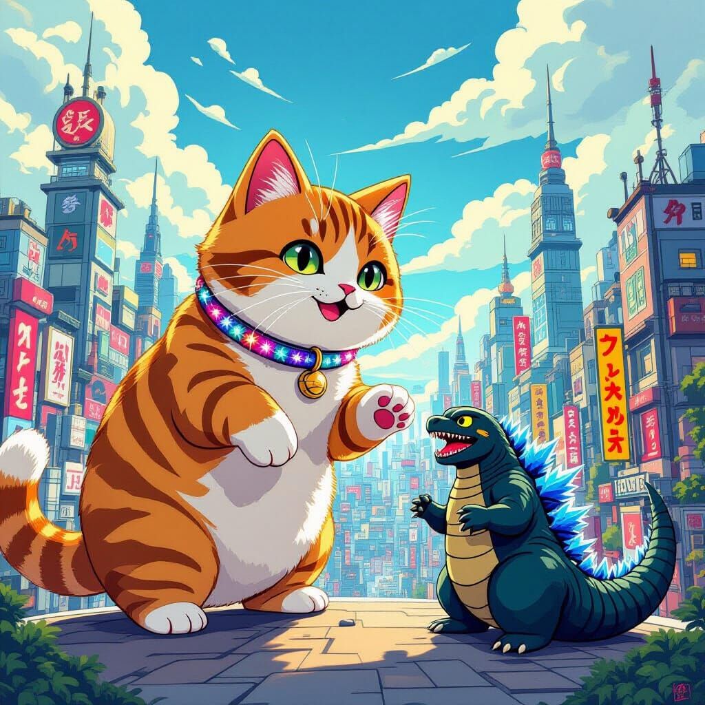 Giant Cat Plays with Godzilla in Whimsical Cityscape