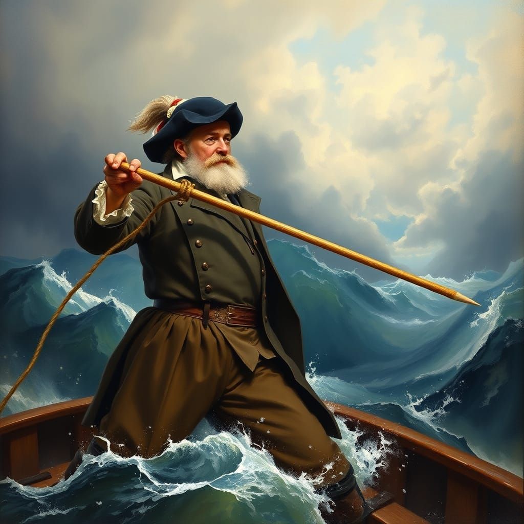 Whaler Throwing Harpoon in Stormy Sea: 1800s Oil Painting