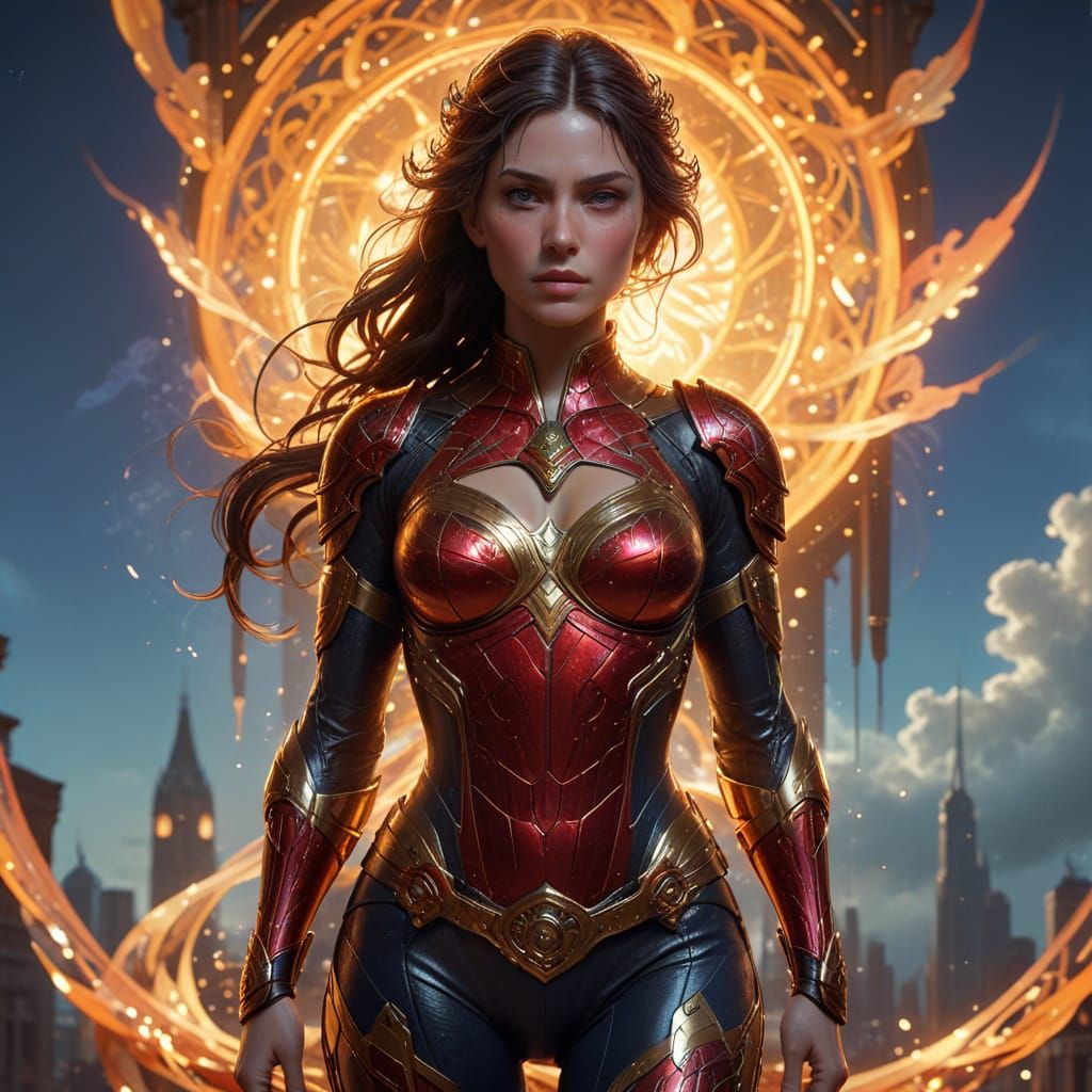 Powerful Super Hero Woman in Dramatic Cityscape