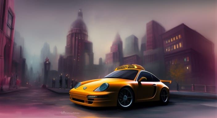 Porsche Taxi Cab in Detailed Cityscape Sketch