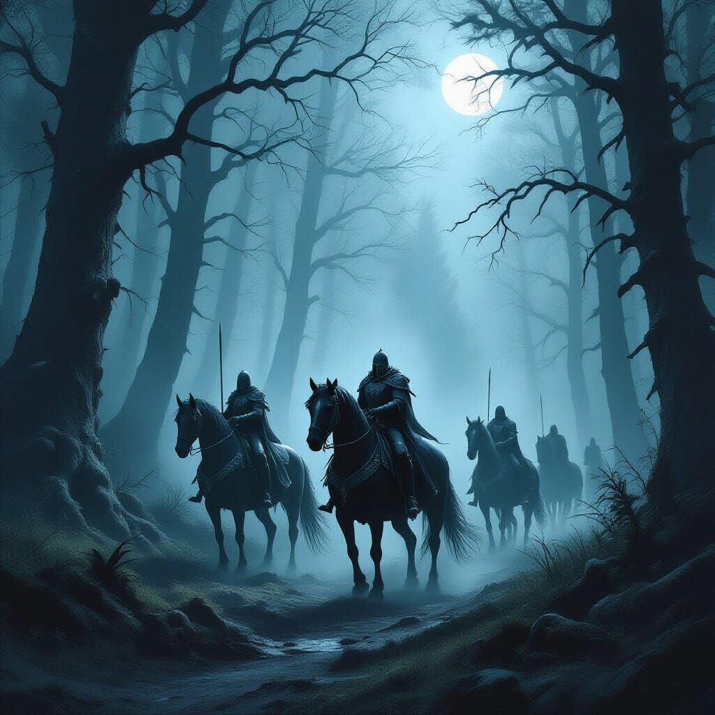 Knights Brave Invisible Monsters in Foggy Forest