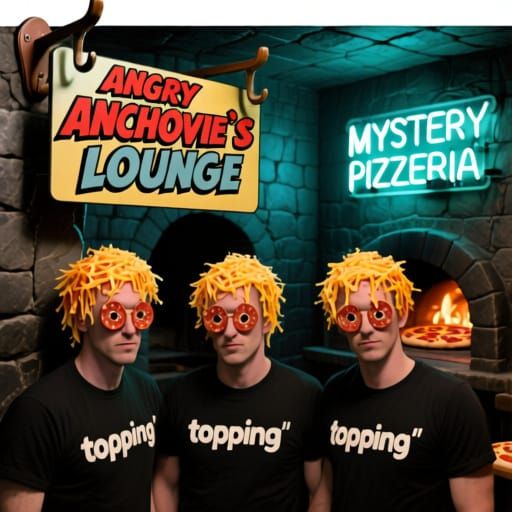 Henchmen Lounge Sign in Dark Dungeon with Pizza Oven