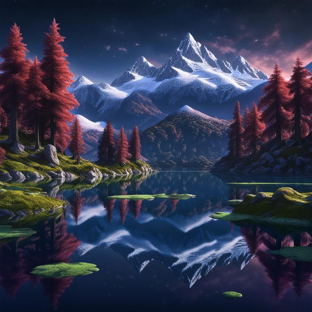 Mountain Lake Spirit at Night in Fantasy Art