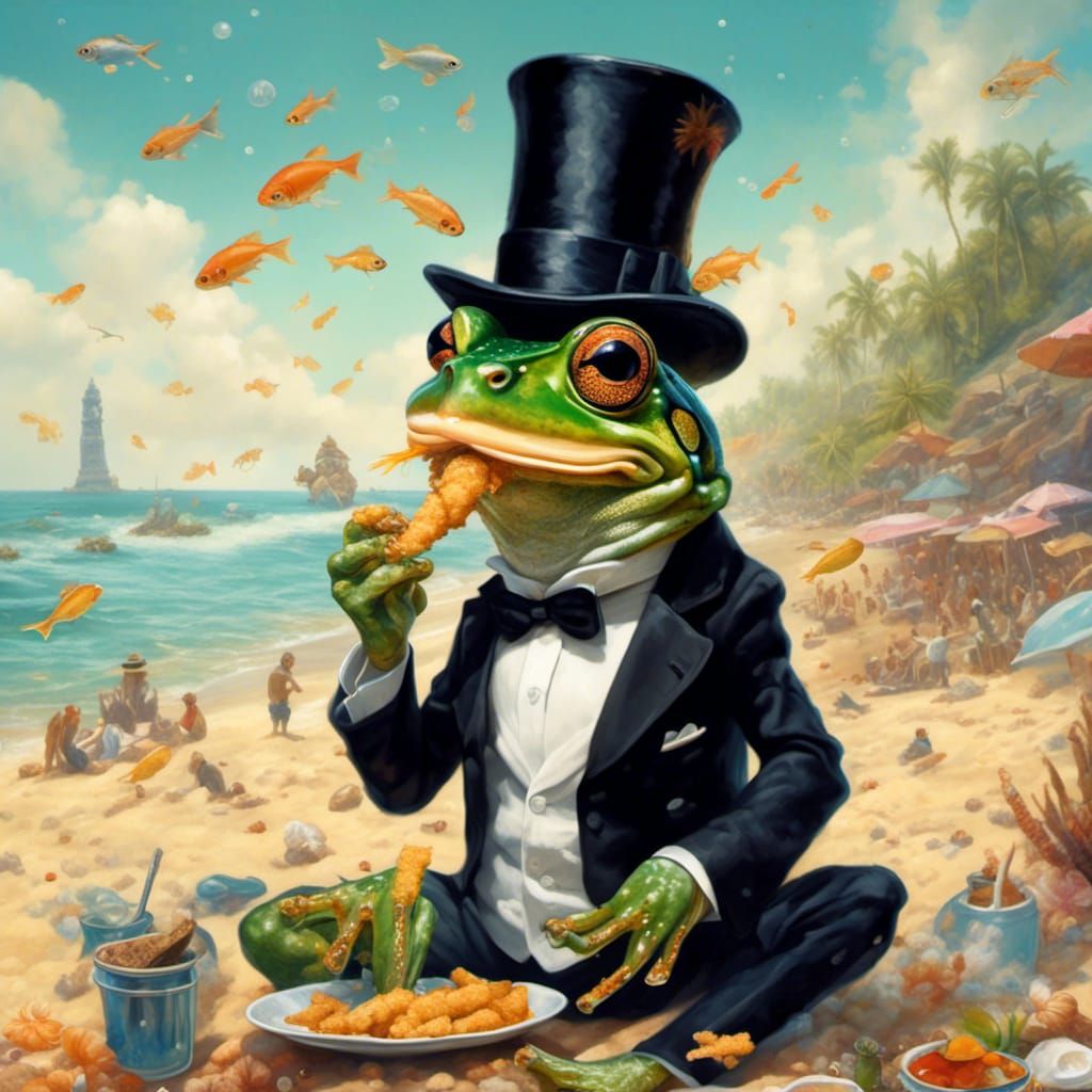 Frog in Tuxedo Eating Fish at the Beach