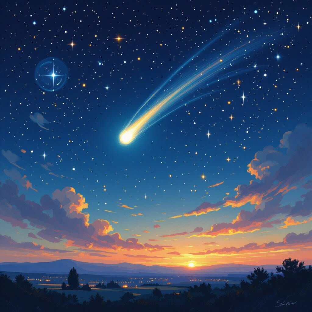 Comet Streaking Across Starry Night Sky