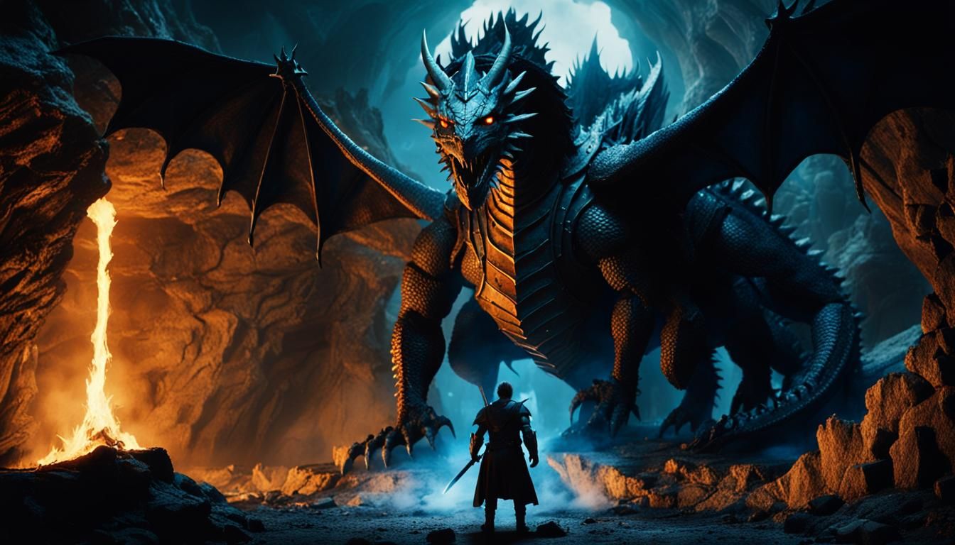 Knight Gazing at Blue Fire Dragon in Gothic Cave