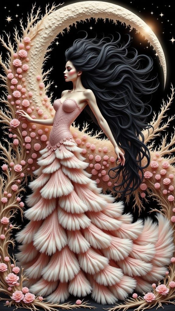 Ethereal Woman in Pink Gown Under Moonlight