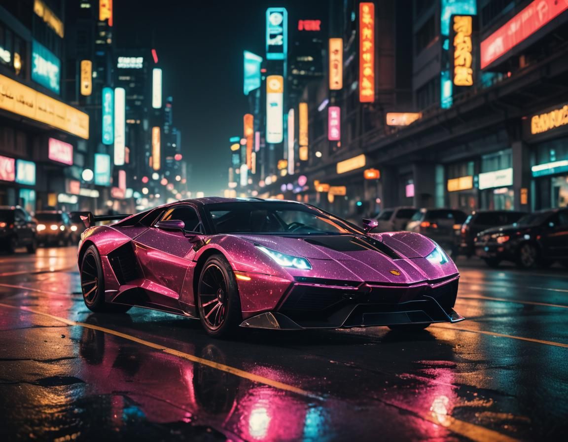 Cyberpunk Supercar at Night: Neon Lights and City Sparkle
