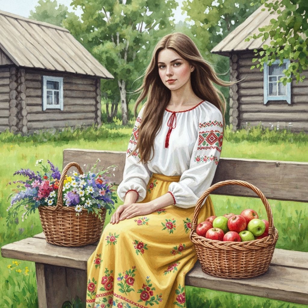 Woman on Bench with Apples and Flowers, Watercolor