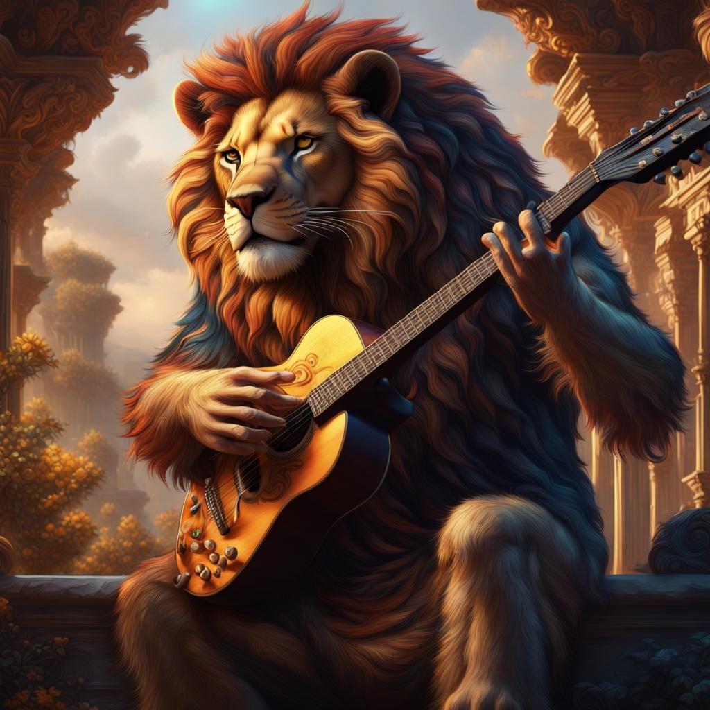 Lion Plays Guitar: Detailed Fantasy Concept Art
