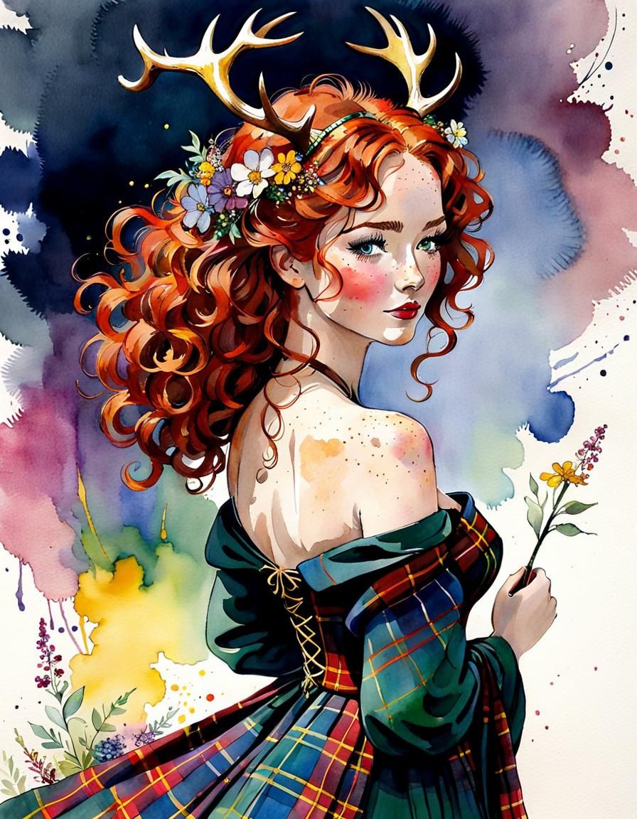 Scottish Girl in Tartan Gown with Elk Antlers