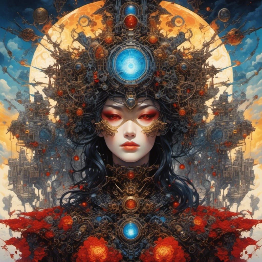 Surreal Android in Steampunk Watercolor Landscape