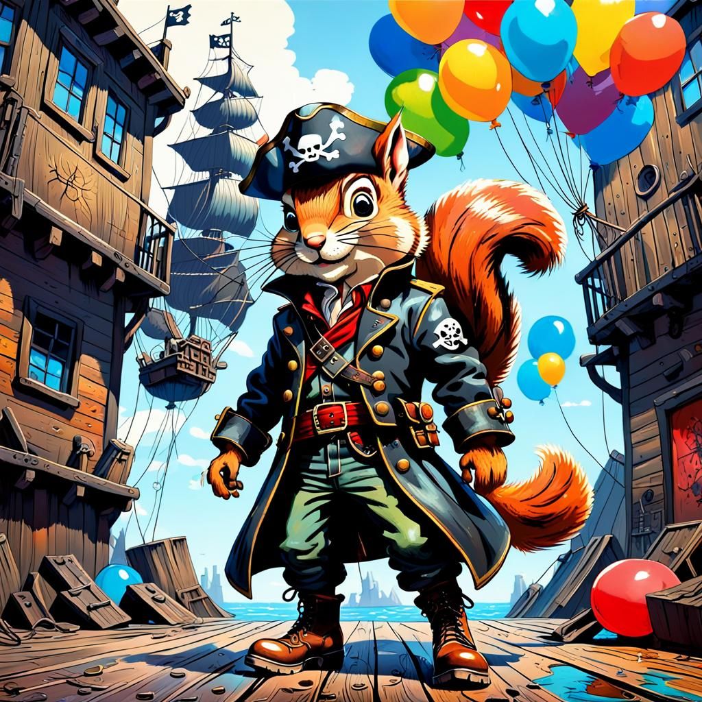 Squirrel Pirate Cartoon in Graffiti Street Art Style