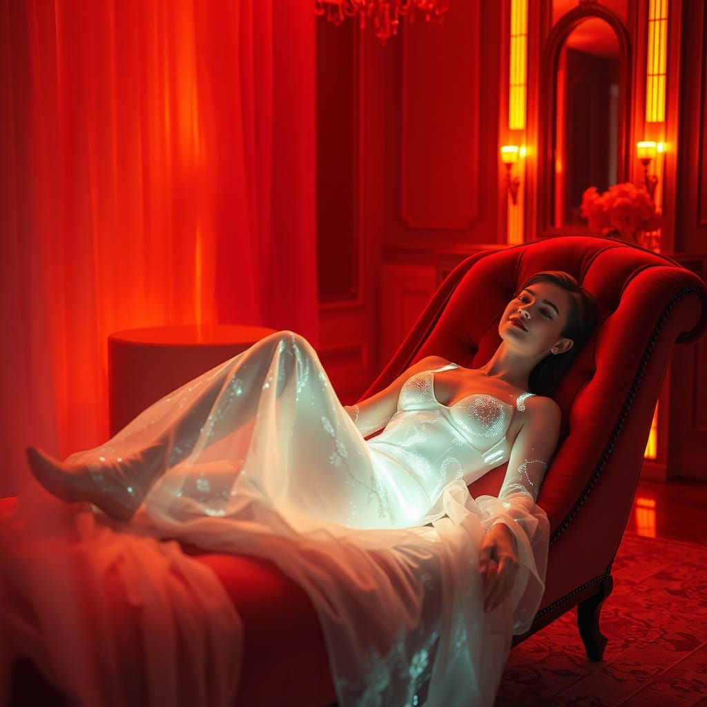 Luminous AI Woman in Surreal Amber Room