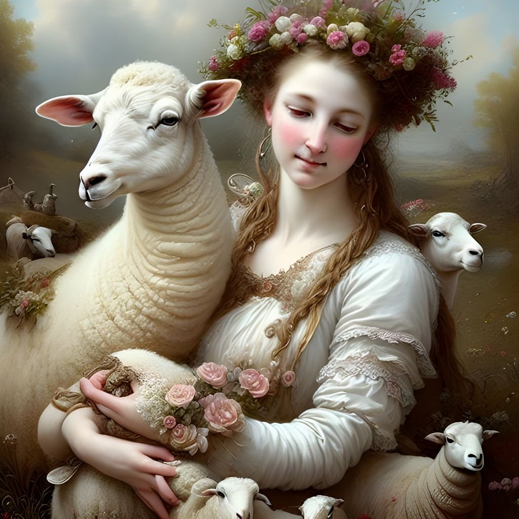 Woman Nursing Sheep: Ethereal Fantasy Portrait