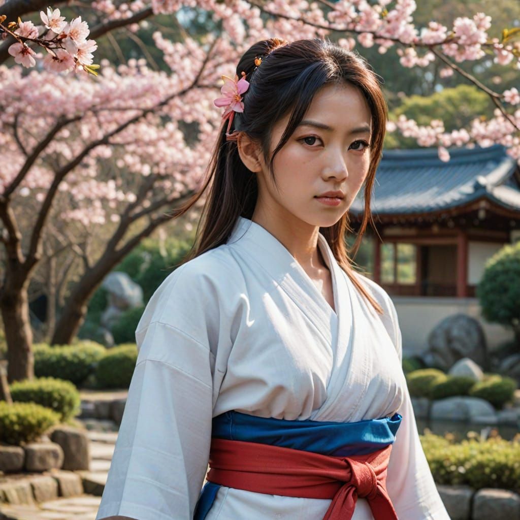 Serene Japanese Goddess in Vibrant Red and Blue