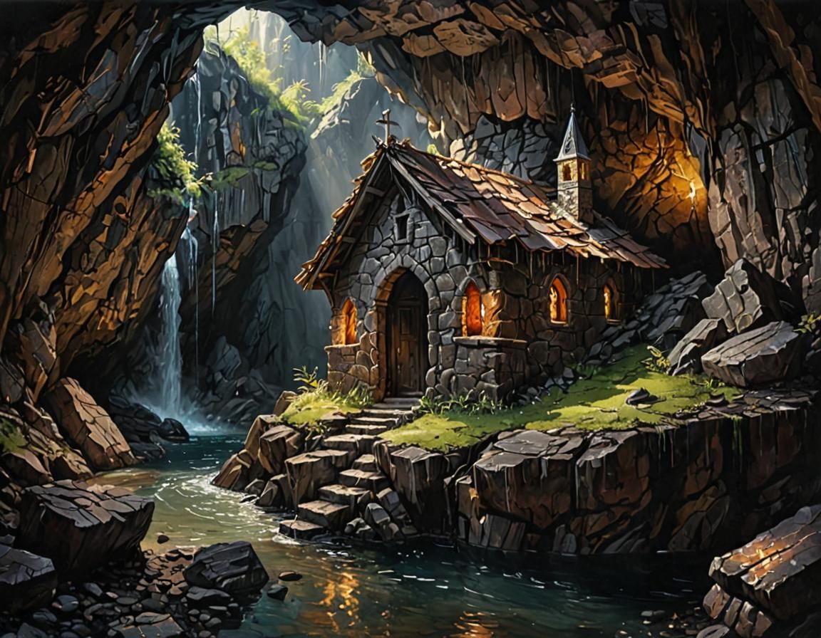 Medieval Chapel in Cave with Waterfall: Acrylic Painting