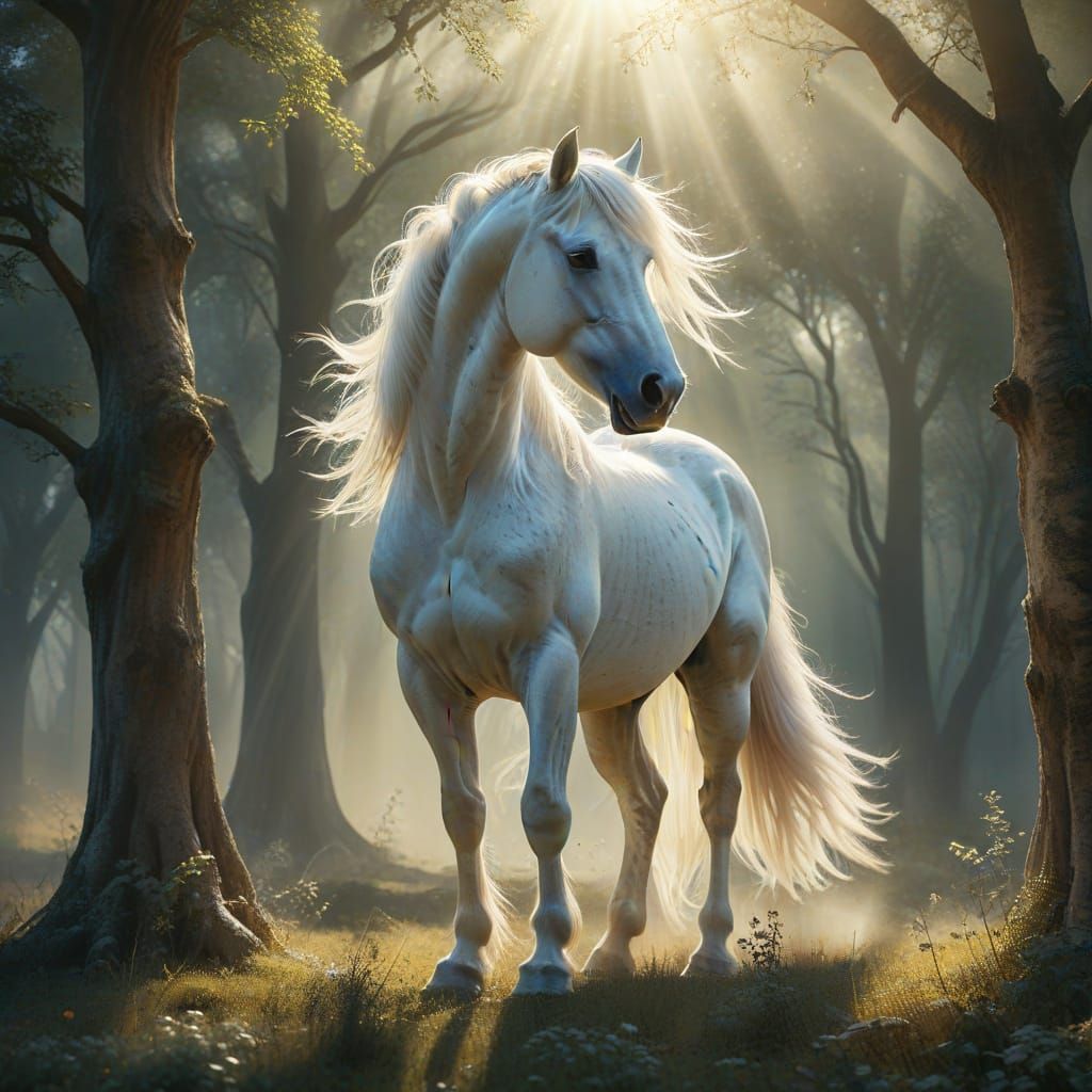 Majestic White Horse in Misty Forest Clearing