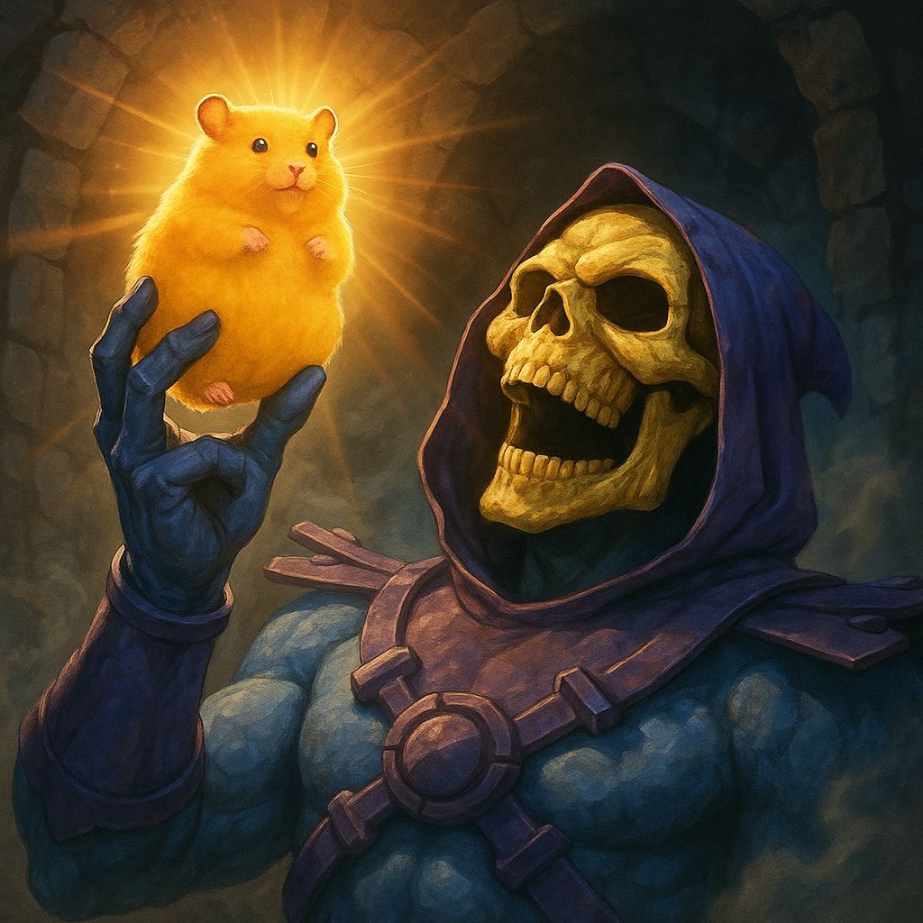 Skeletor, laughing while holding aloft a mango coloured hamster in his glove. Radiant. lens flare. stone cavern. smoke m...
