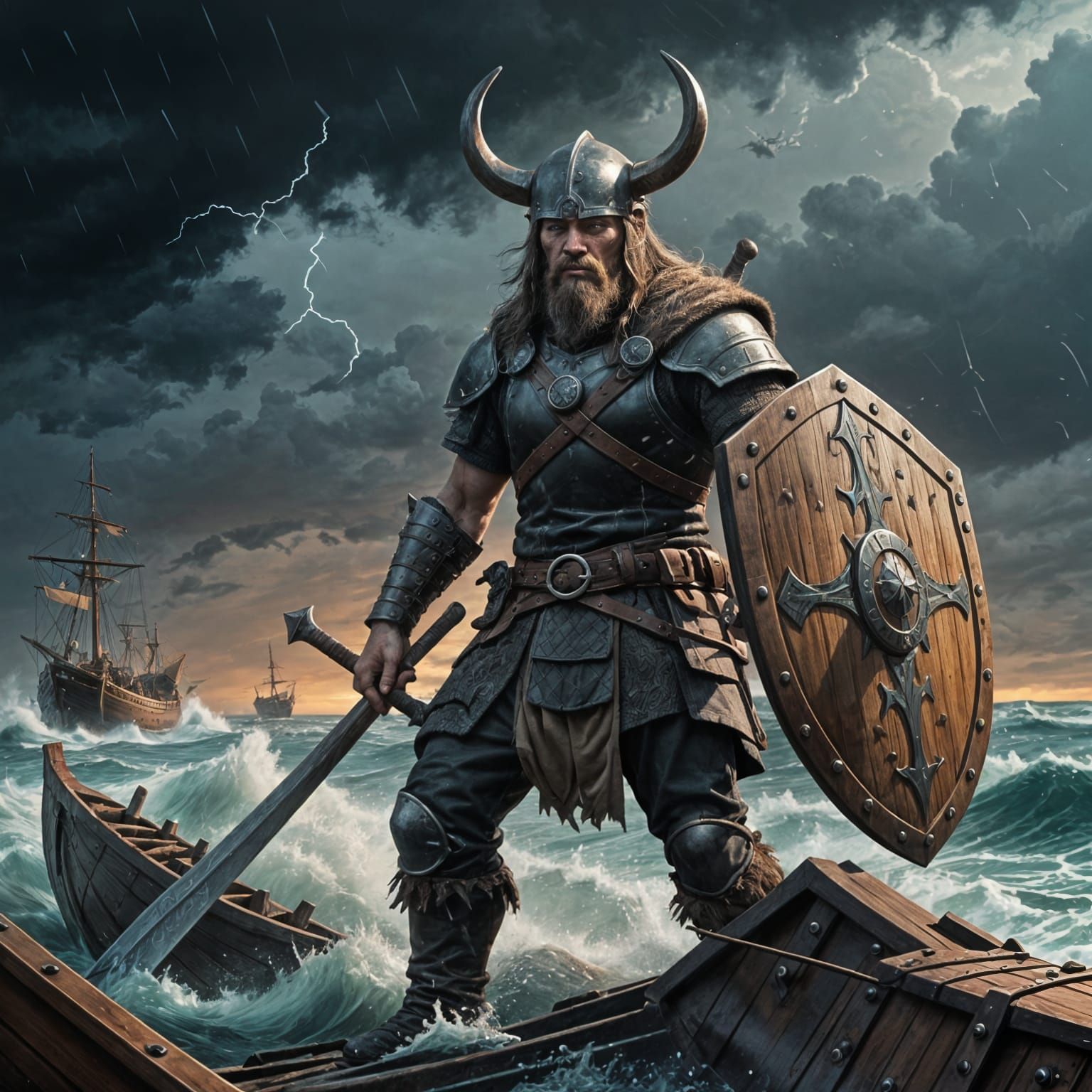 Viking Warrior in a Dark Maritime Scene