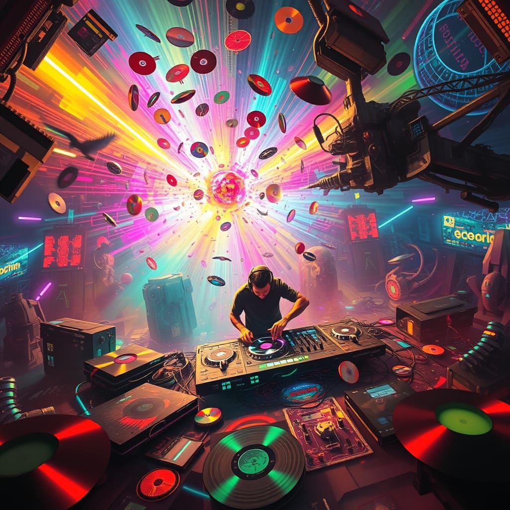 Vibrant Futuristic DJ Scene in Neon Lights