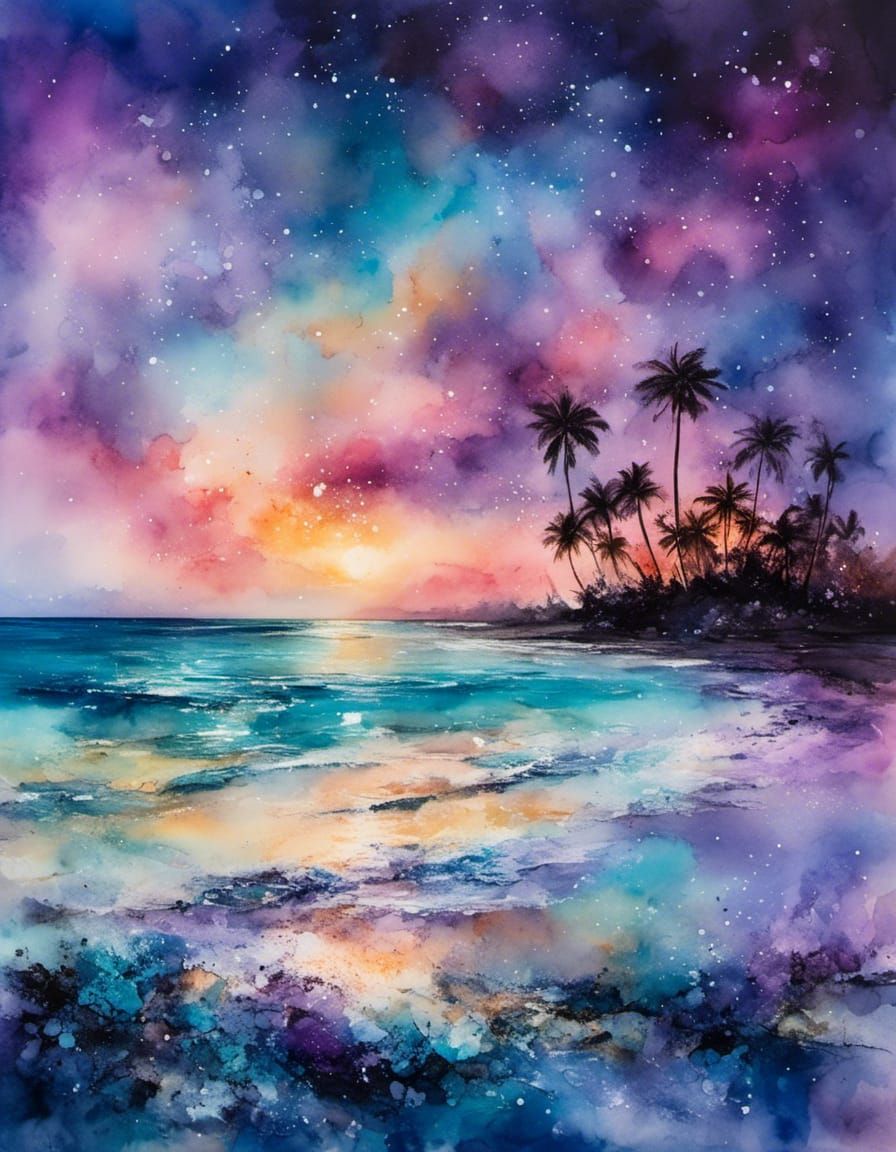 Perfect night full of stars <lora:Endless Night:1.0> mauritius white sand, beautiful water, Palmen, turtles endless beac...