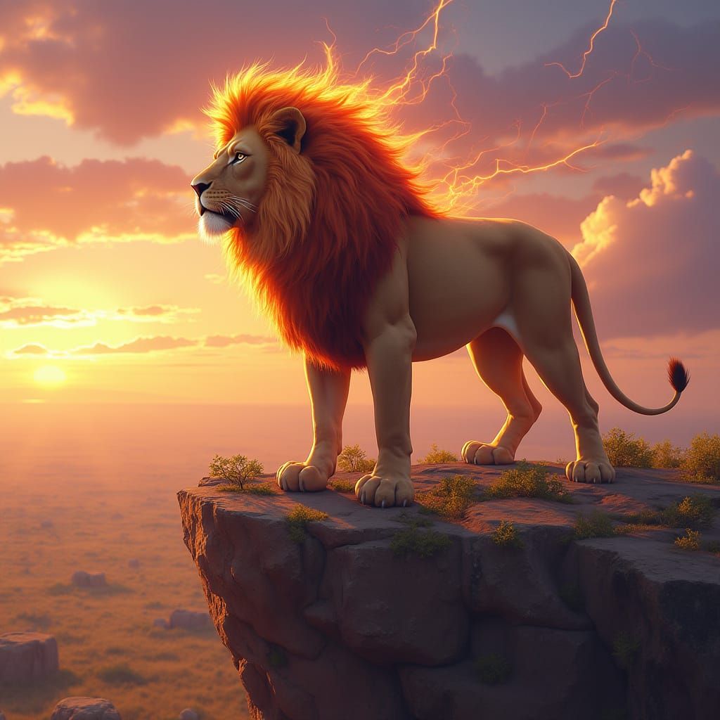 Fiery Lion on Savanna Cliff: Digital Painting
