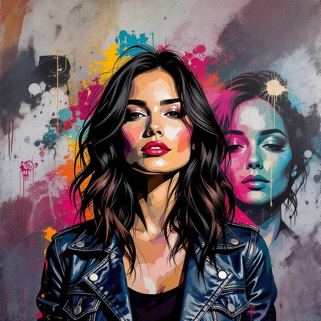 Woman Amidst Vibrant Street Art, High Contrast