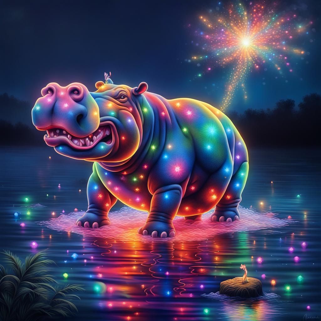 Luminous Hippopotamus Casts Spell: Airbrush Fantasy Art