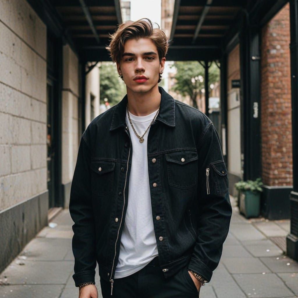 Grunge-Inspired Young Man with Plump Lips and Trendy Outfit