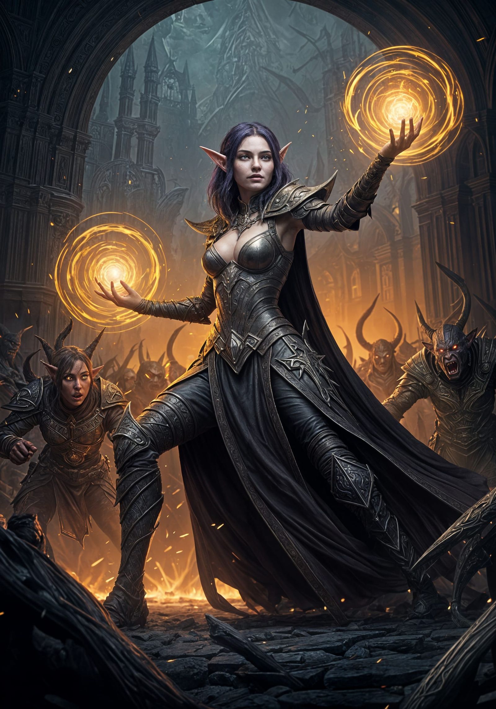 Elf Warlock Fighting Orcs: Dark Fantasy Concept Art