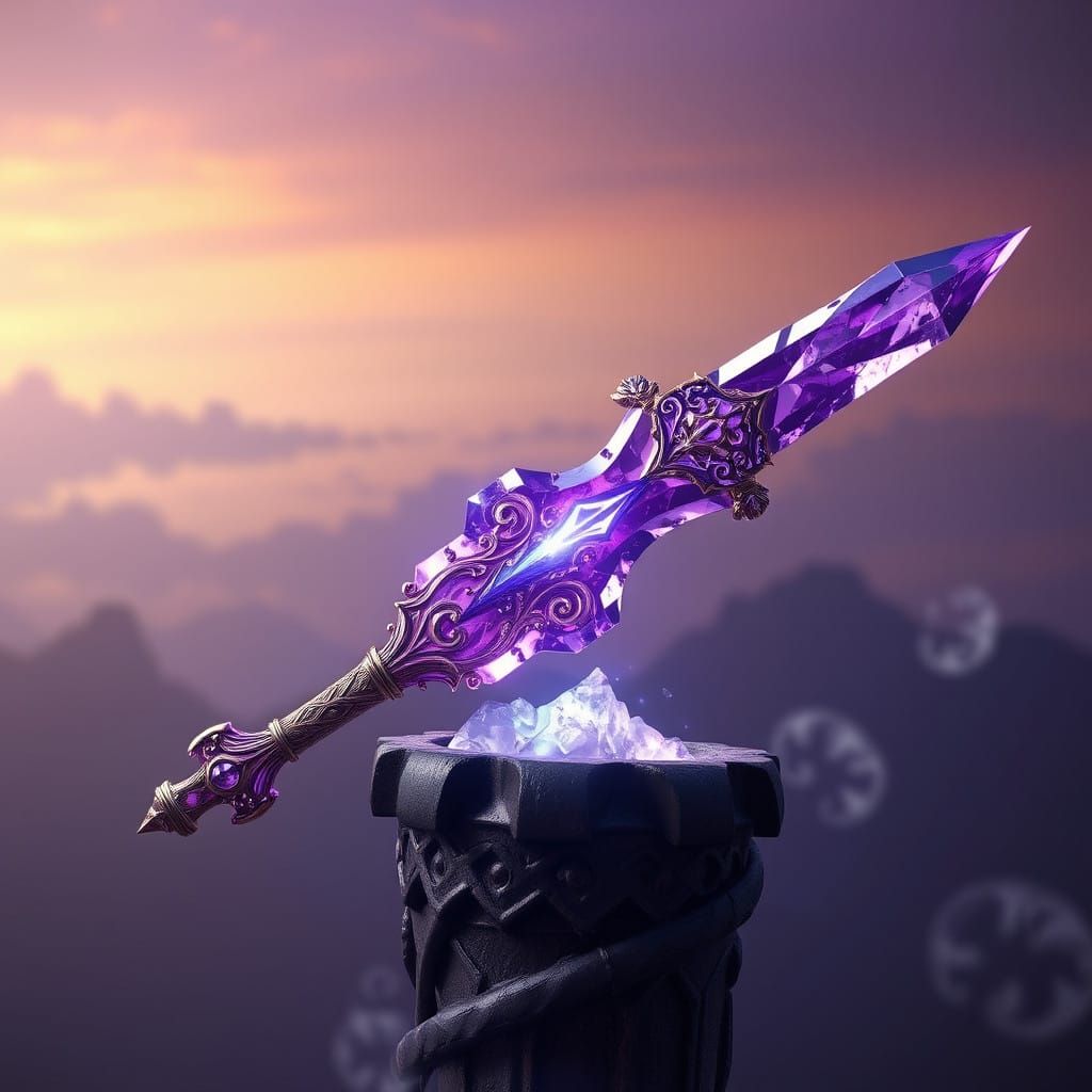 Majestic Amethyst Crystal Sword in Ancient Pedestal