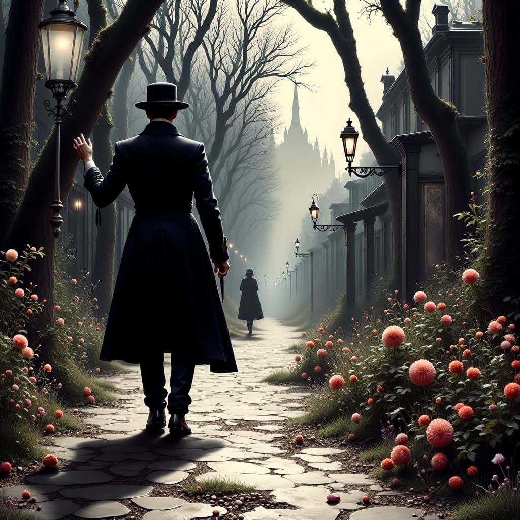 Steampunk Parisian Night Scene in Ink Painting Style