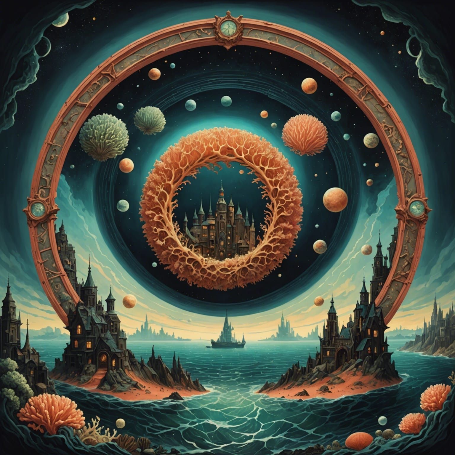 Biopunk Fantasy Portal to Swirling Cityscape