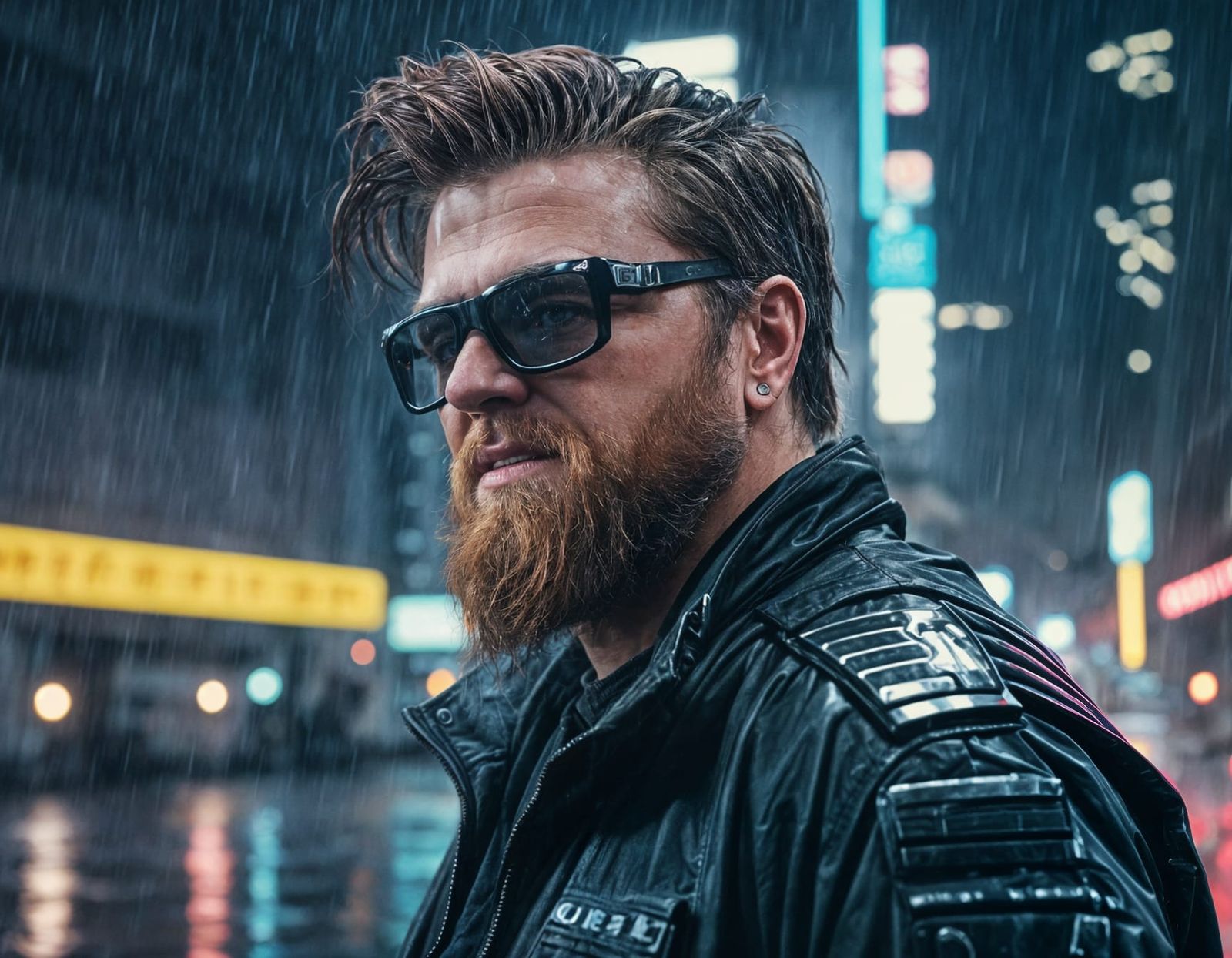 Cyberpunk Protagonist in Rainy City: Cinematic Film Still