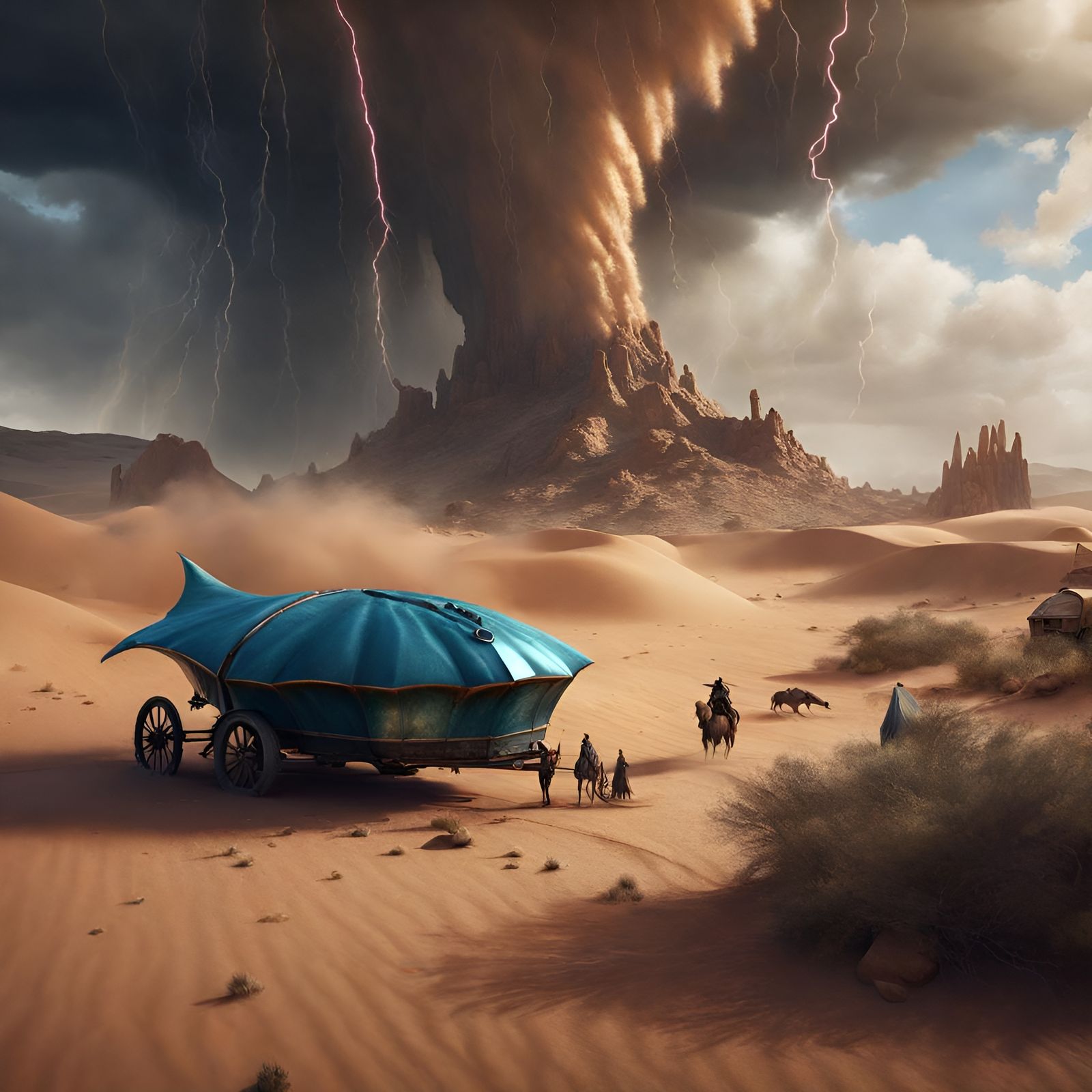 The tornado brought a stingray over an adventurous desert caravan.