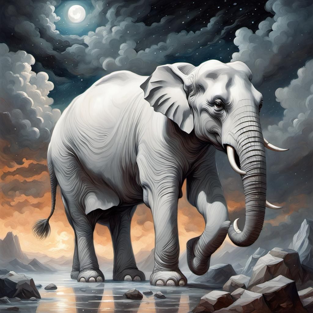 Marble Elephant Under Cosmic Skies: Naturalism Painting