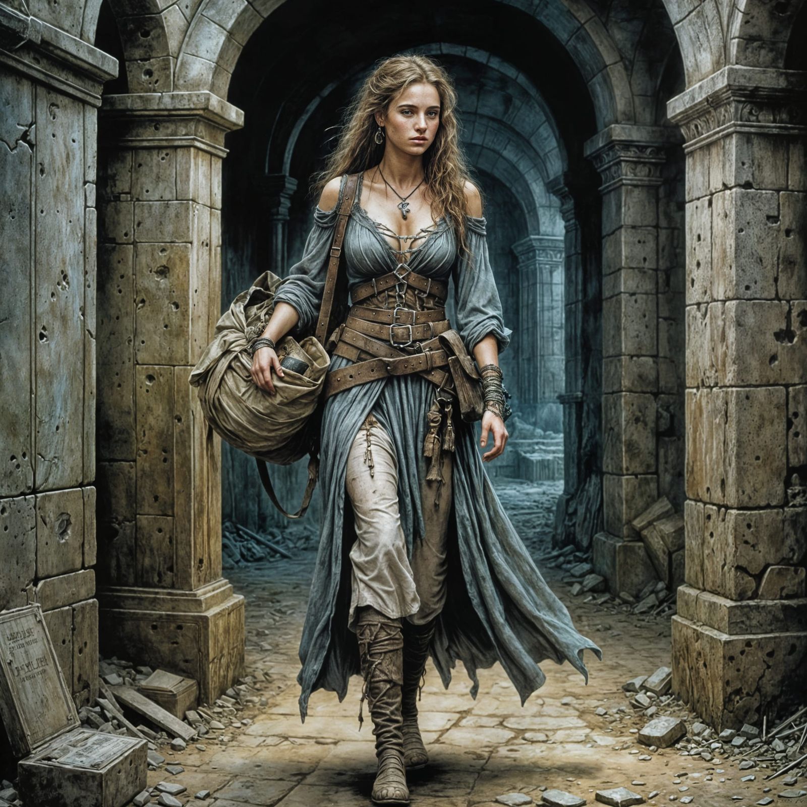 Freckled Adventurer with Loot, in Pastel Style