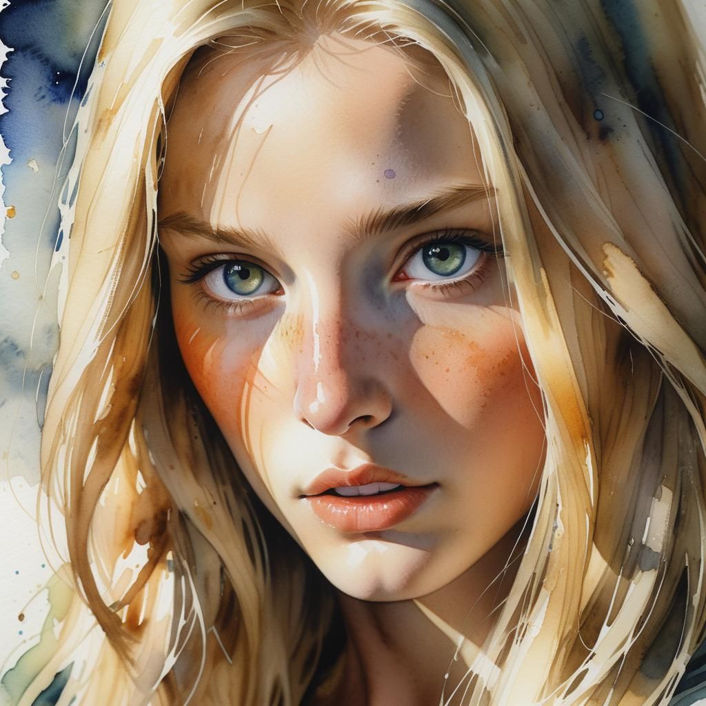 beautiful expressive woman - extreme close up - watercolor