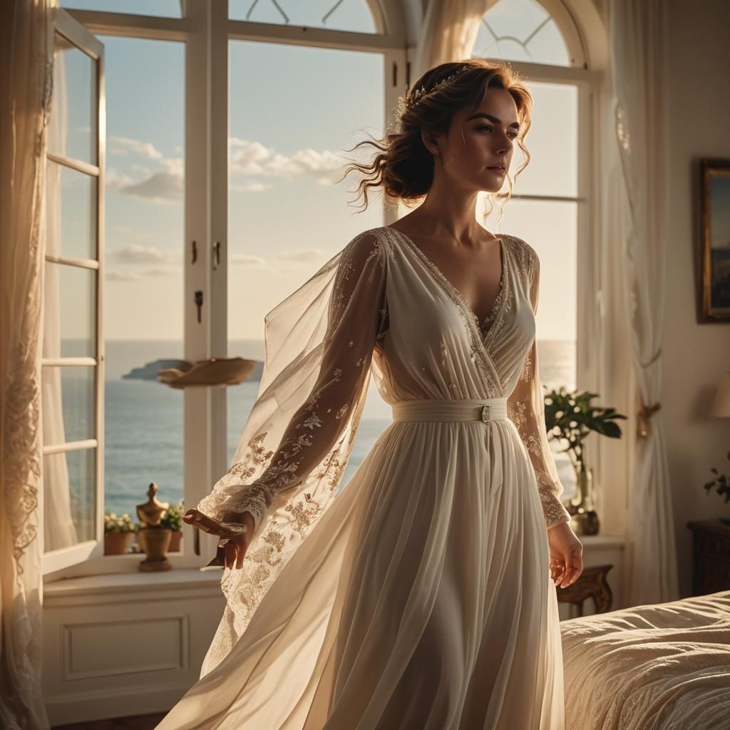 Woman in Seaside Bedroom, Cinematic Film Still