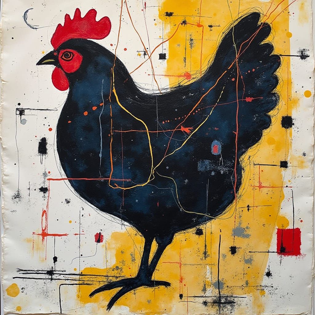 Vibrant Constructivist Abstract with Chicken and Duck Silhou...