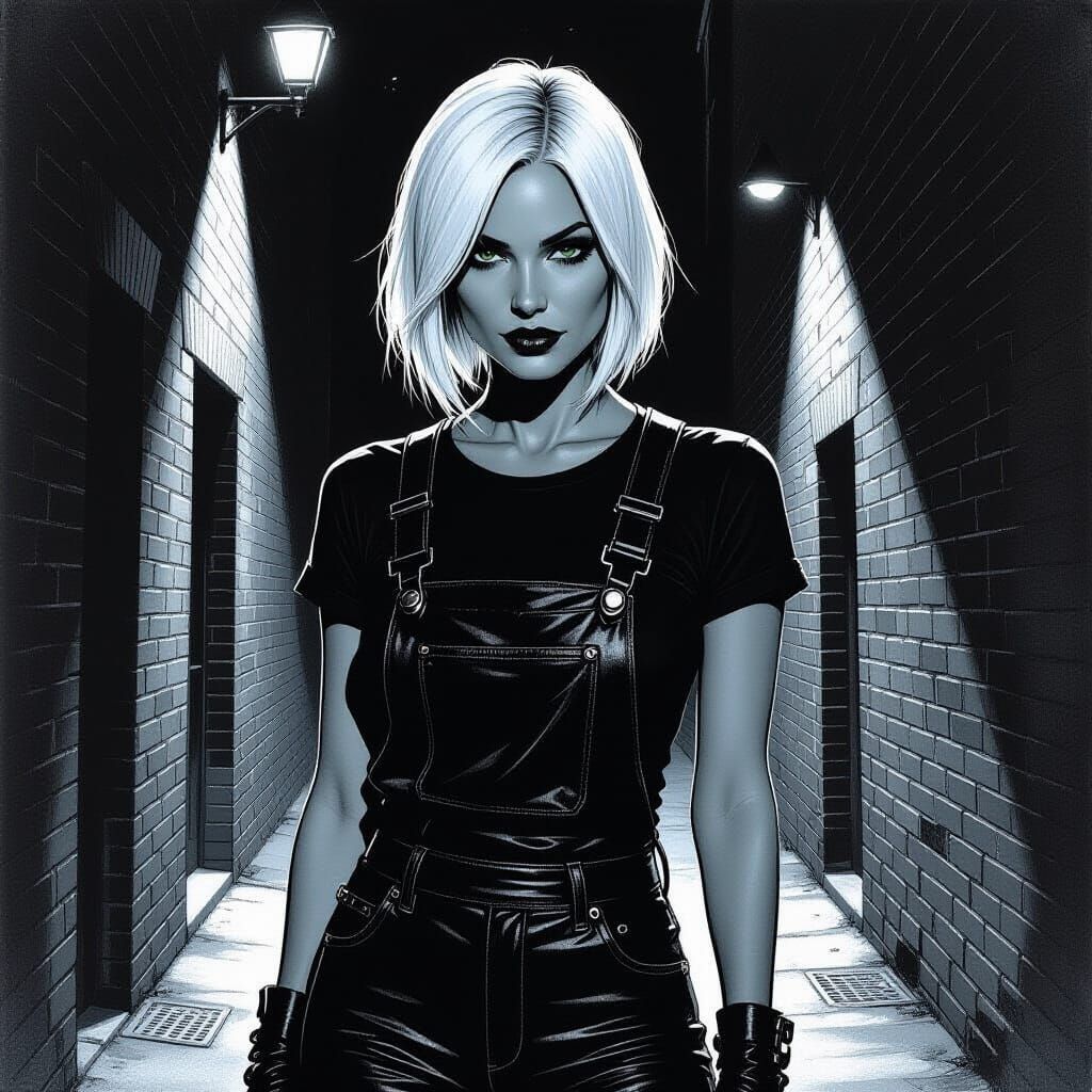 Dark Elf Woman in Leather Overalls in Urban Alleyway